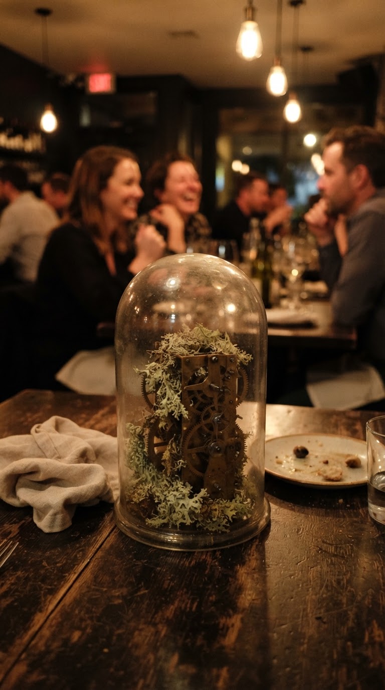 A redoma de vidro científico com engrenagens de relógio vintage e musgo de liquen