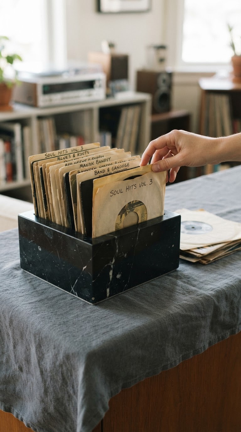 O expositor de mesa com compactos de vinil clássicos e base de mármore nero