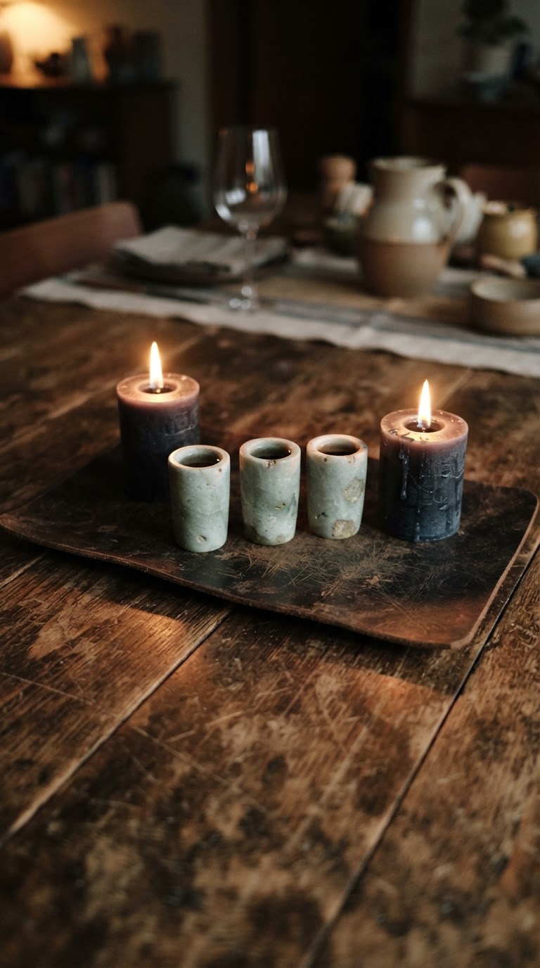 A bandeja de couro curtido com copos de dose de pedra-sabão e velas cilíndricas