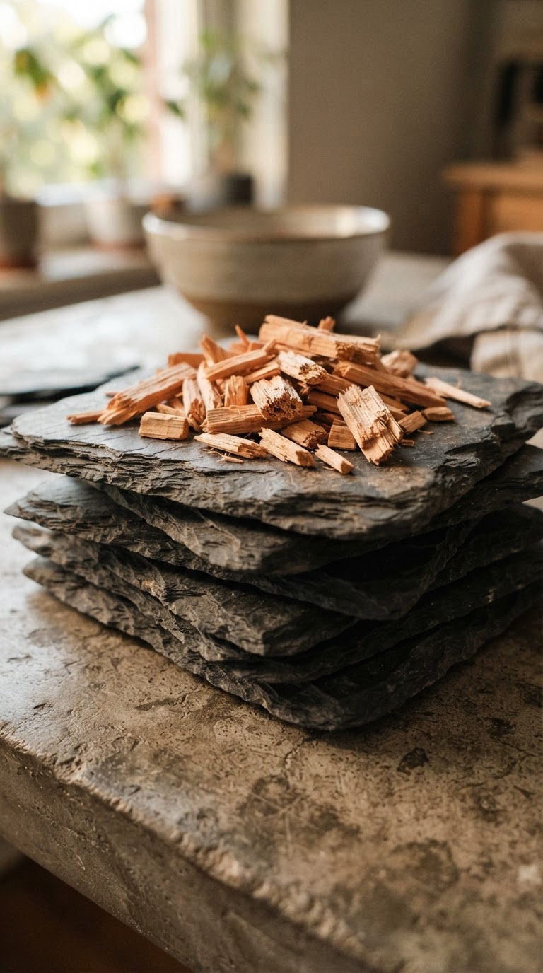 As placas de xisto empilhadas com lascas aromáticas de madeira de sândalo