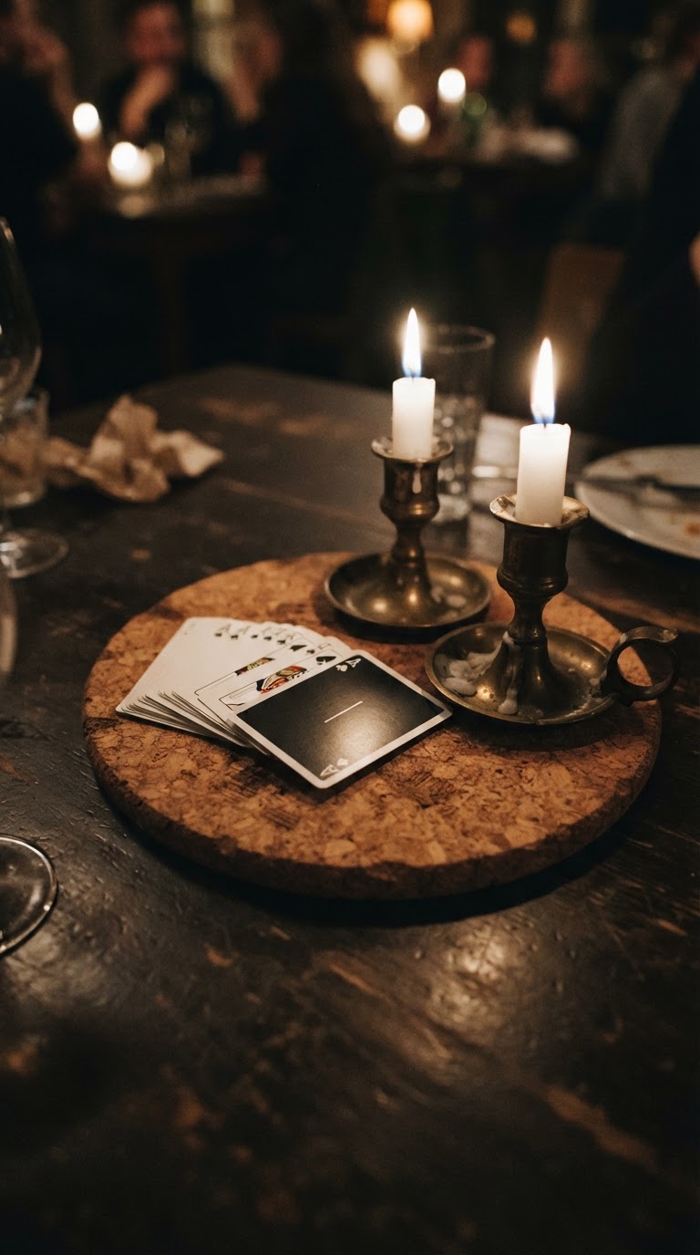 A base de cortiça maciça com baralho de design minimalista e velas em latão escurecido