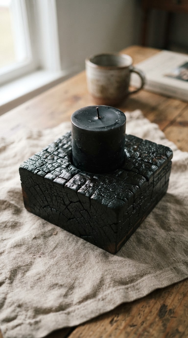 Os blocos de madeira carbonizada pelo método shou sugi ban com velas de cera de soja preta