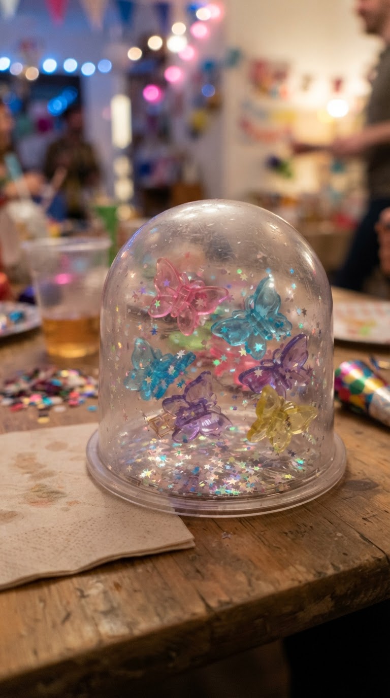 O domo de acrílico com presilhas de borboleta flutuando em gel de glitter