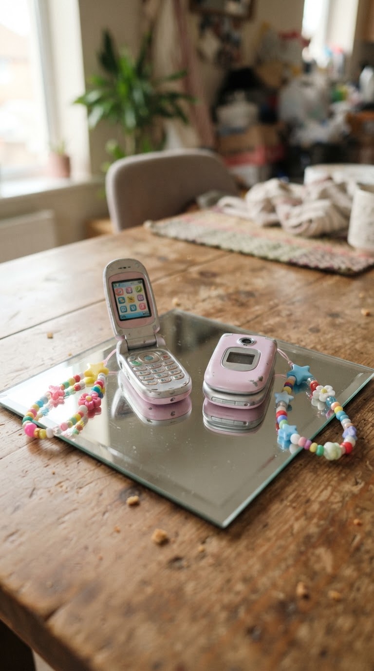 A base espelhada com miniaturas de celulares flip e cordões de miçanga 'phone straps'