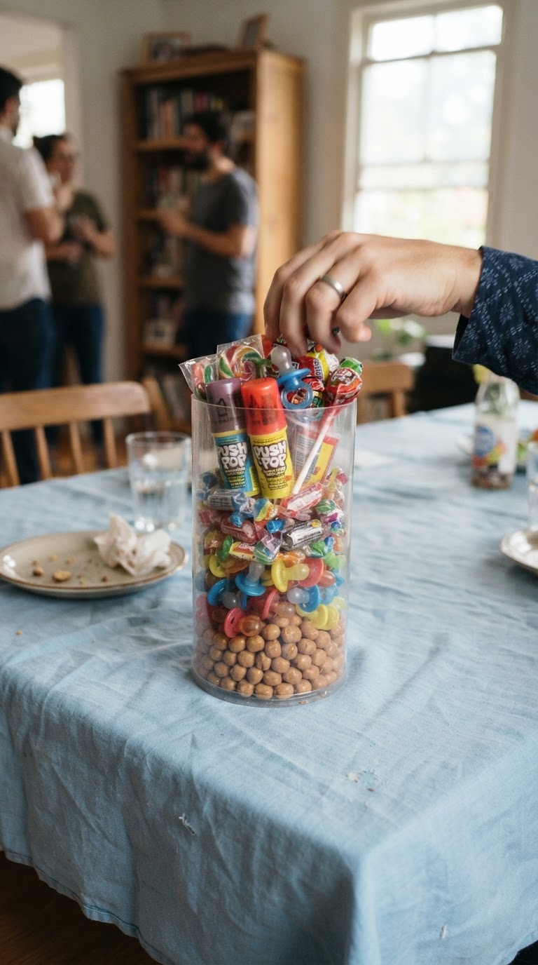 O vaso cilíndrico de acrílico com camadas de doces icônicos dos anos 2000