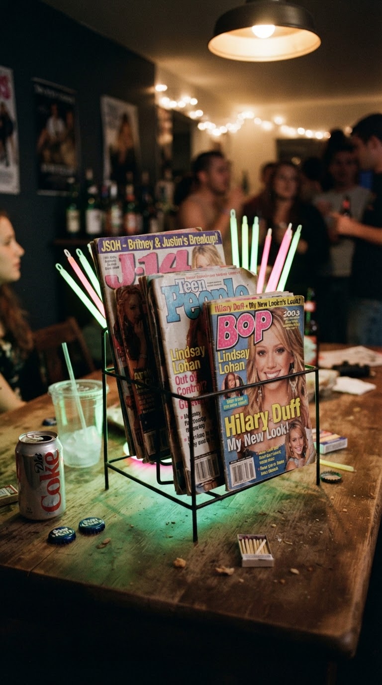 O suporte metálico com revistas de fofoca dos anos 2000 e luz química glow stick