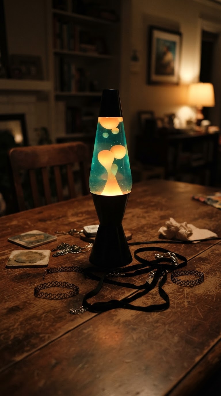 A mini luminária de lava cilíndrica cercada por colares de fita preta e gargantilhas choker