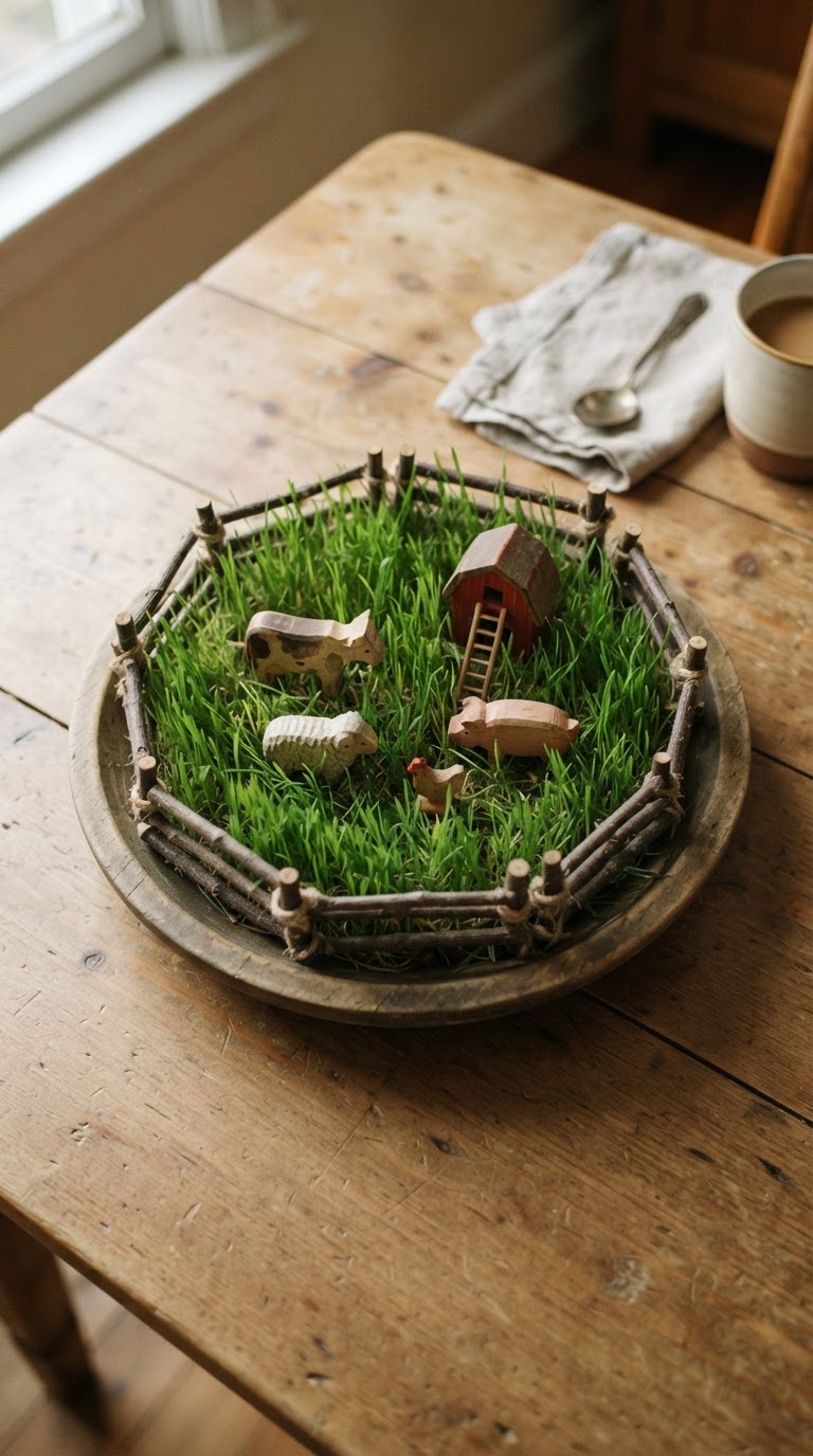 O minijardim sensorial com grama natural, cercadinho de madeira e miniaturas dos animais da fazendinha