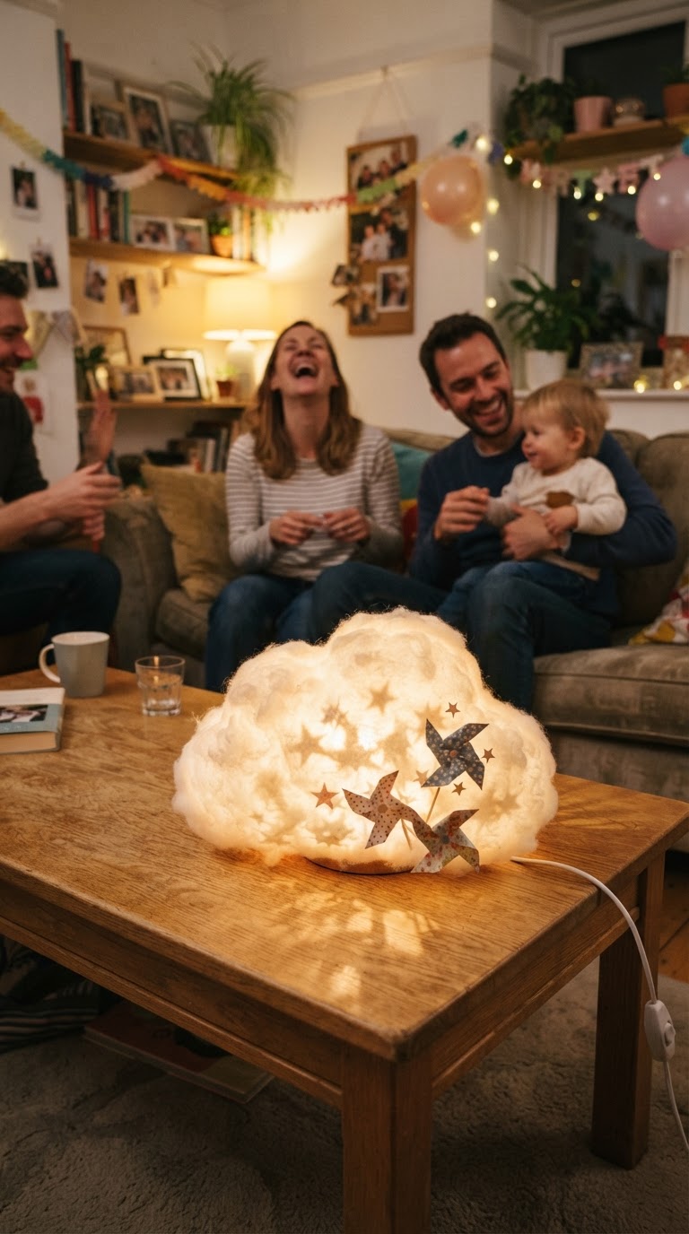 A luminária de nuvem de algodão iluminada por LED com silhuetas de cataventos coloridos