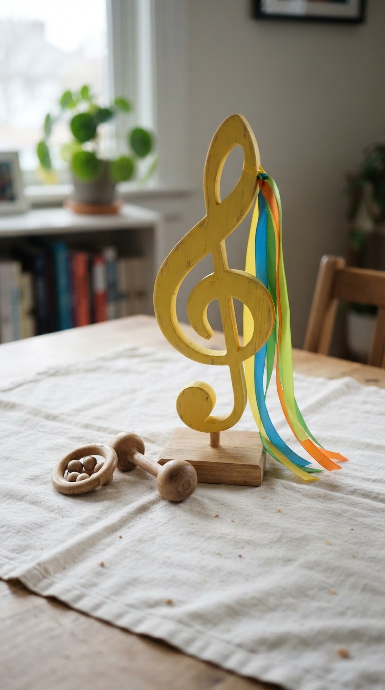 O arranjo musical com clave de sol em MDF, fitas de cetim coloridas e mini chocalhos de madeira