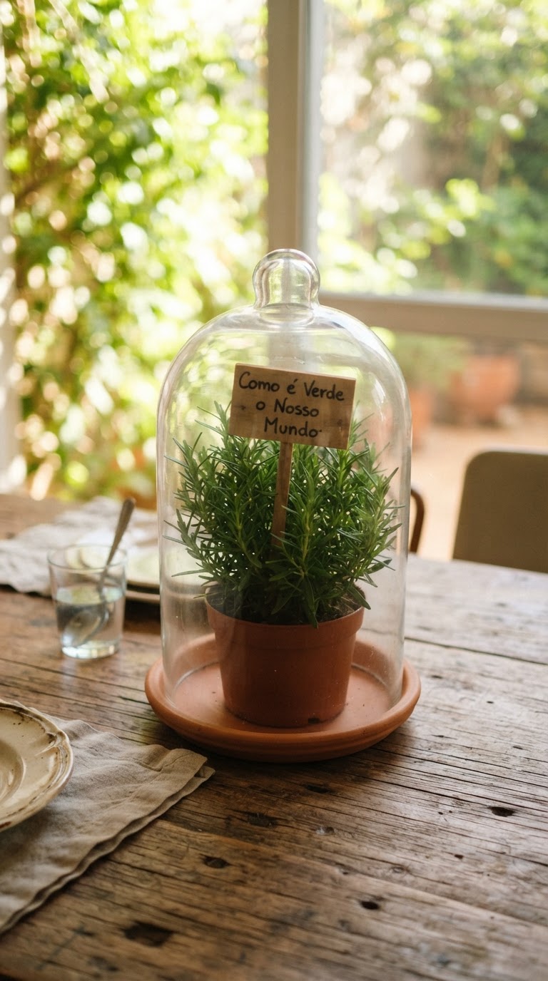 O domo de vidro com mini horta de temperos reais e plaquinha 'Como é Verde o Nosso Mundo'