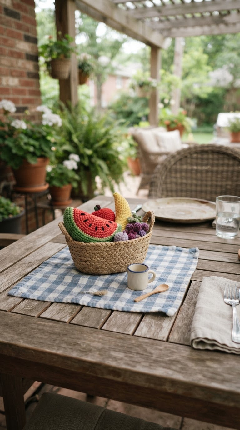 A mini estação de piquenique com toalha xadrez miniatura, cesta de palha e frutas de crochê
