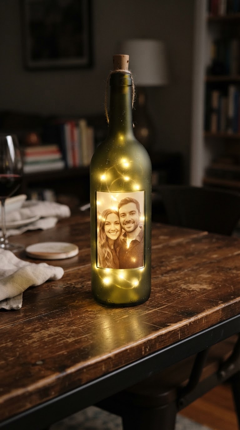 A garrafa de vinho jateada com foto vazada por iluminação de micro-LED interna