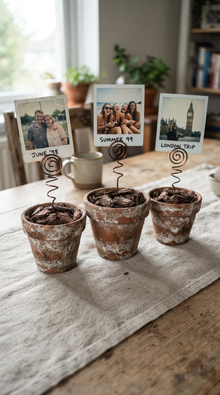 O trio de vasos de terracota patinada com hastes de metal segurando fotos polaroides envelhecidas