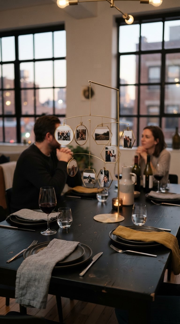 O móbile de mesa de latão escovado com fotos flutuantes geométricas de dupla face