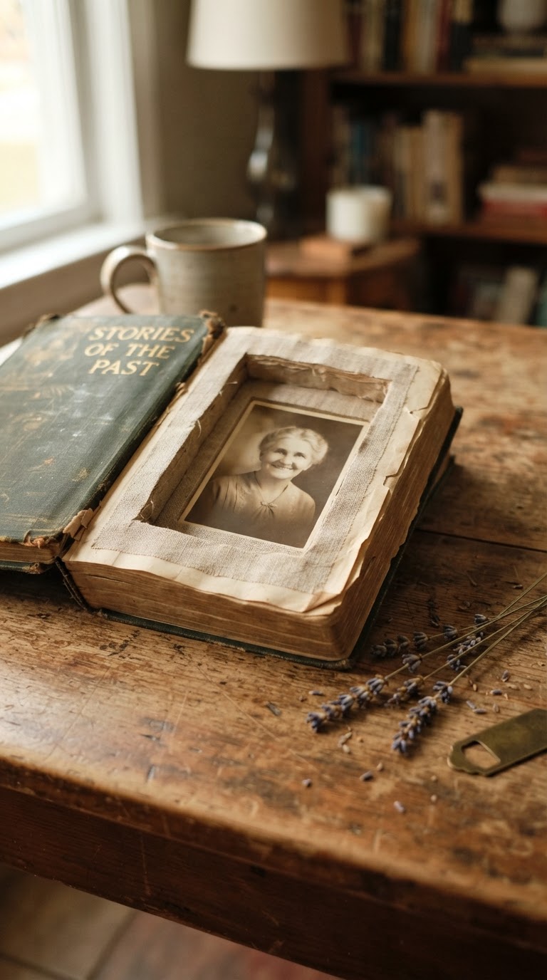 A base de livro antigo esculpido com foto emoldurada em passepartout de linho cru