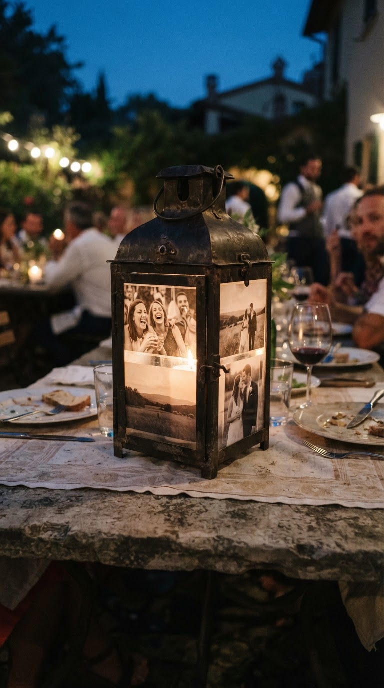 A lanterna de ferro rústica com painéis de vidro substituídos por transparências fotográficas retroiluminadas