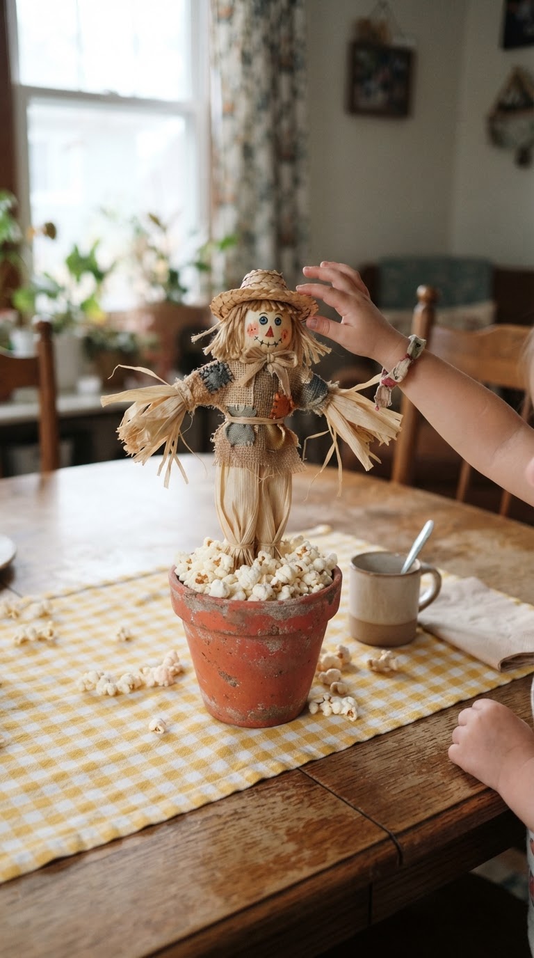 Espantalho artesanal de palha de milho sobre base de vaso de barro com pipocas