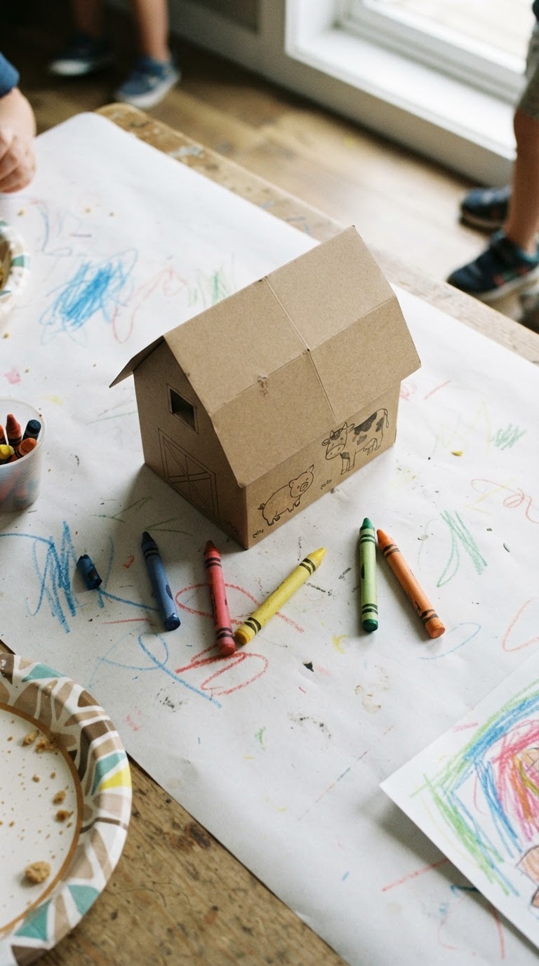 Mini celeiro interativo de papelão craft com giz de cera para colorir na mesa