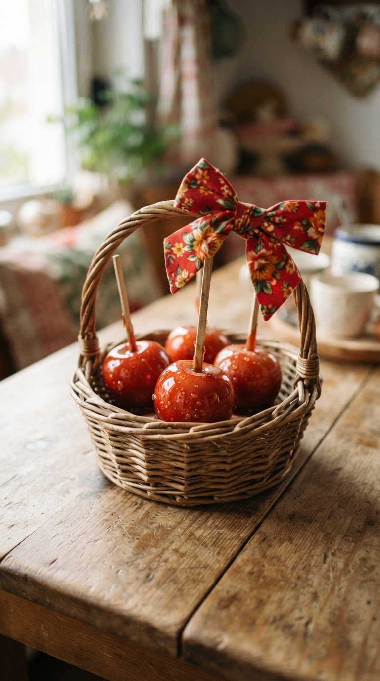 Cestinha de vime com mini maçãs vermelhas cobertas de calda caramelizada e laço de chita
