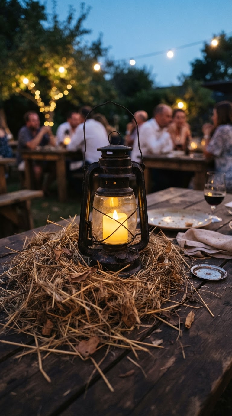 Lanterna de querosene decorativa de ferro com feno natural e vela de LED