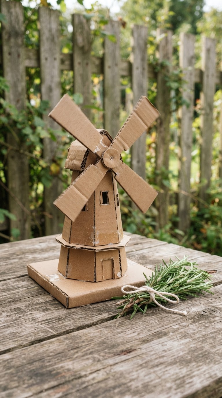 Mini moinho de vento de papelão estruturado com ramalhetes de alecrim fresco