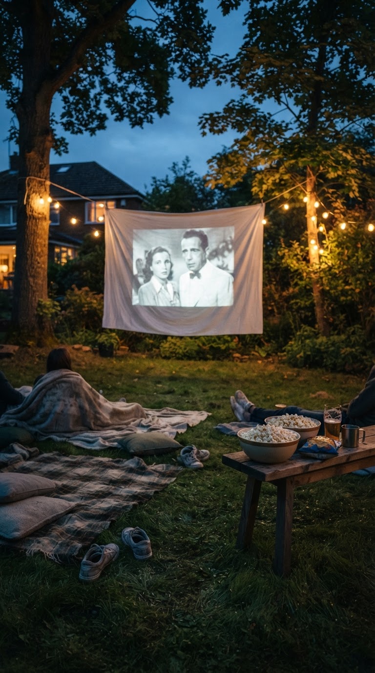 O cinema ao ar livre no quintal: projeção analógica e menu de pipoca gourmet